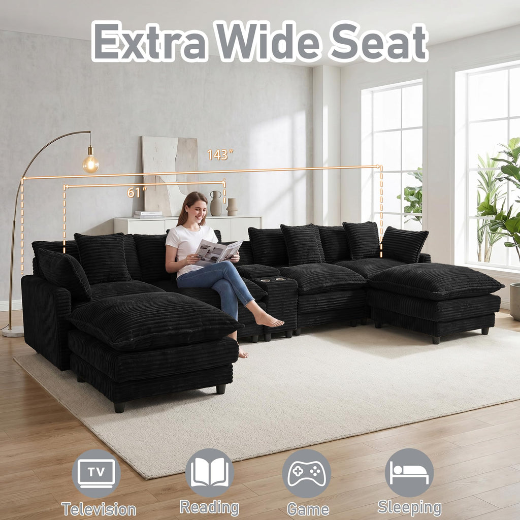 143" Oversized U-Shaped Cloud Sectional Sofa, Black