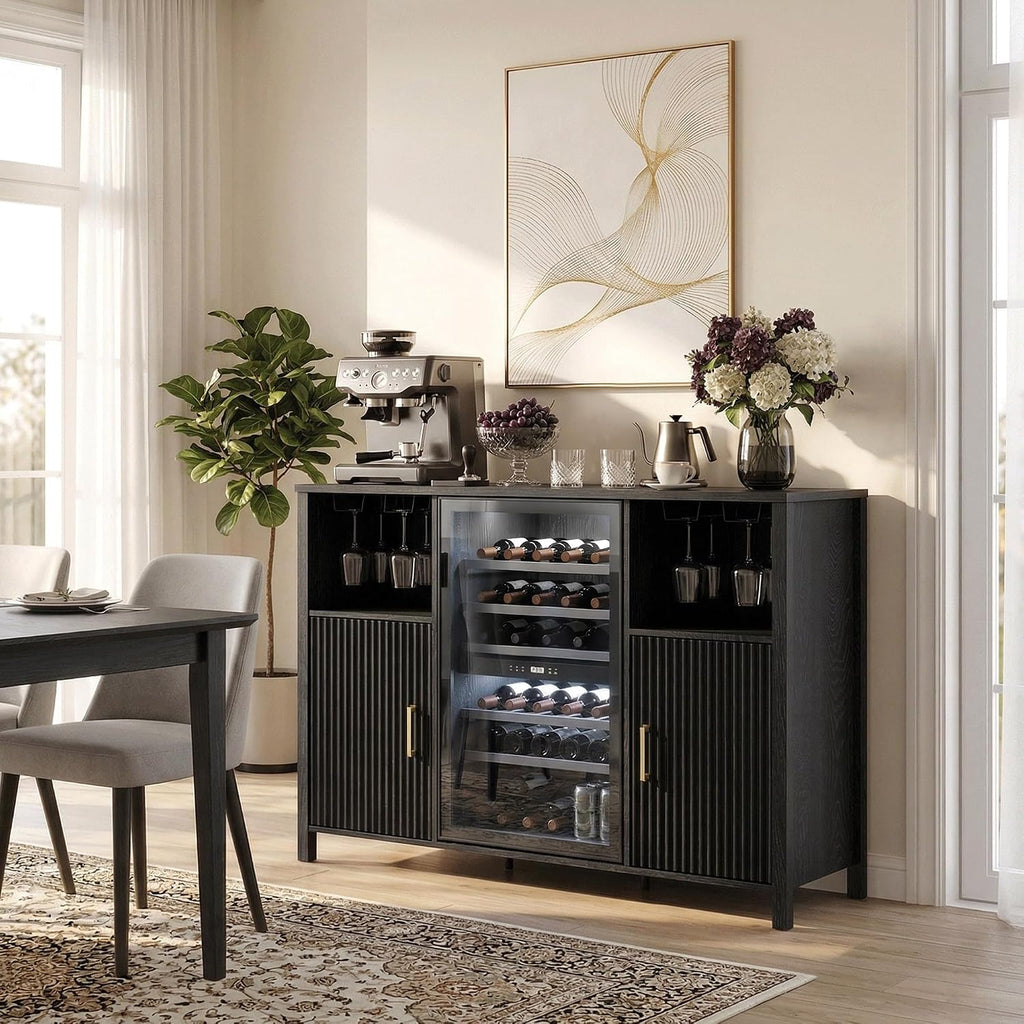 53" Fluted Coffee Bar Cabinet with Power Outlet, Mini Fridge Space and Wine Glass Racks, Black