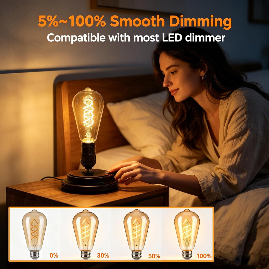 6W ST64 LED Edison Bulbs 60 Watt Equivalent, E26 Amber Glass 2500K Dimmable