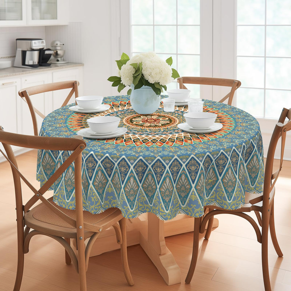 Boho Round Tablecloth 70In Wrinkle and Stain Resistant Table Cover