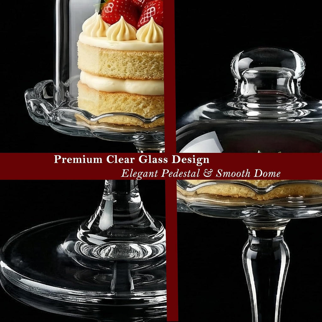 Glass Mini Cake Stand with Clear Dome Lid, Elegant Pedestal Cupcake Stand, Clear Glass Cake Dome for Cake Storage