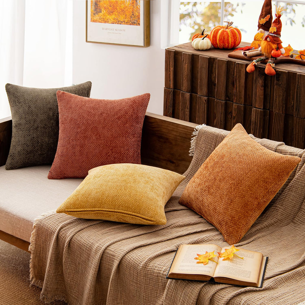Decorative Chenille Fall Pillow Covers Orange Brown 18x18 Pack of 4