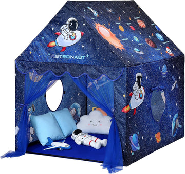 Kids Tent Blue Space Play Tent for Boys,Large and Foldable Kids Playhouse with Windows, Portable and Lightweight Play