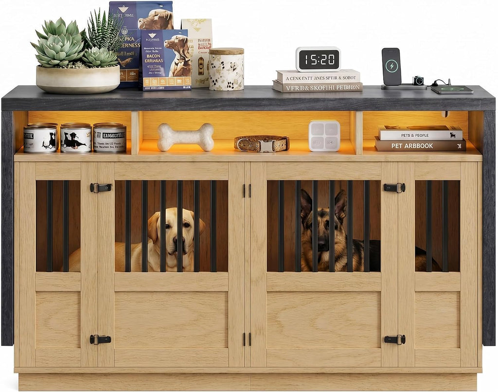 Furniture Dog Crate, Double Dog Crate Furniture Natural & Grey
