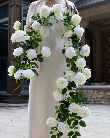 12Ft Bendable Flower Garland Faux Rose Vine for Wedding Decor,White - Set of 2