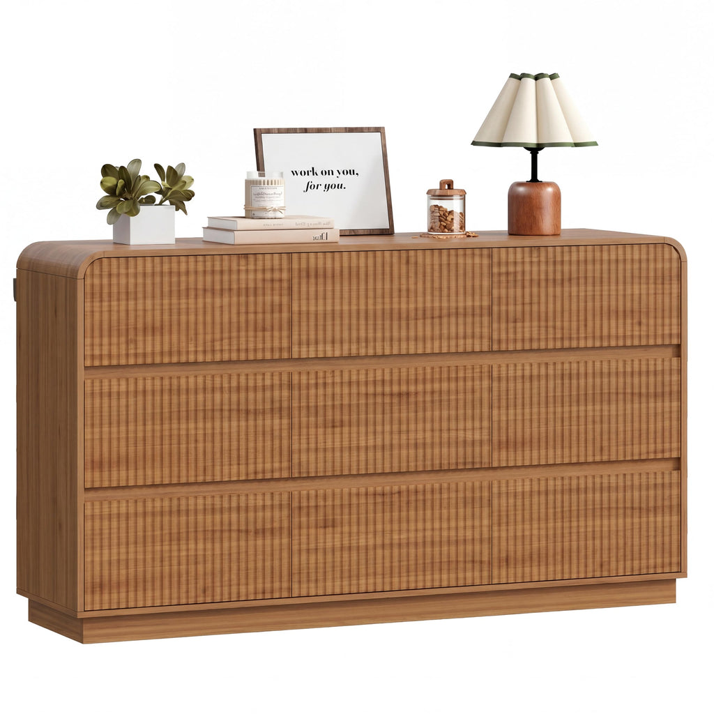 Walnut Dresser Fluted 9 Drawers Dresser, 59" Wide Wood Chest of Drawers with Hidden Handles & Rounded Corners