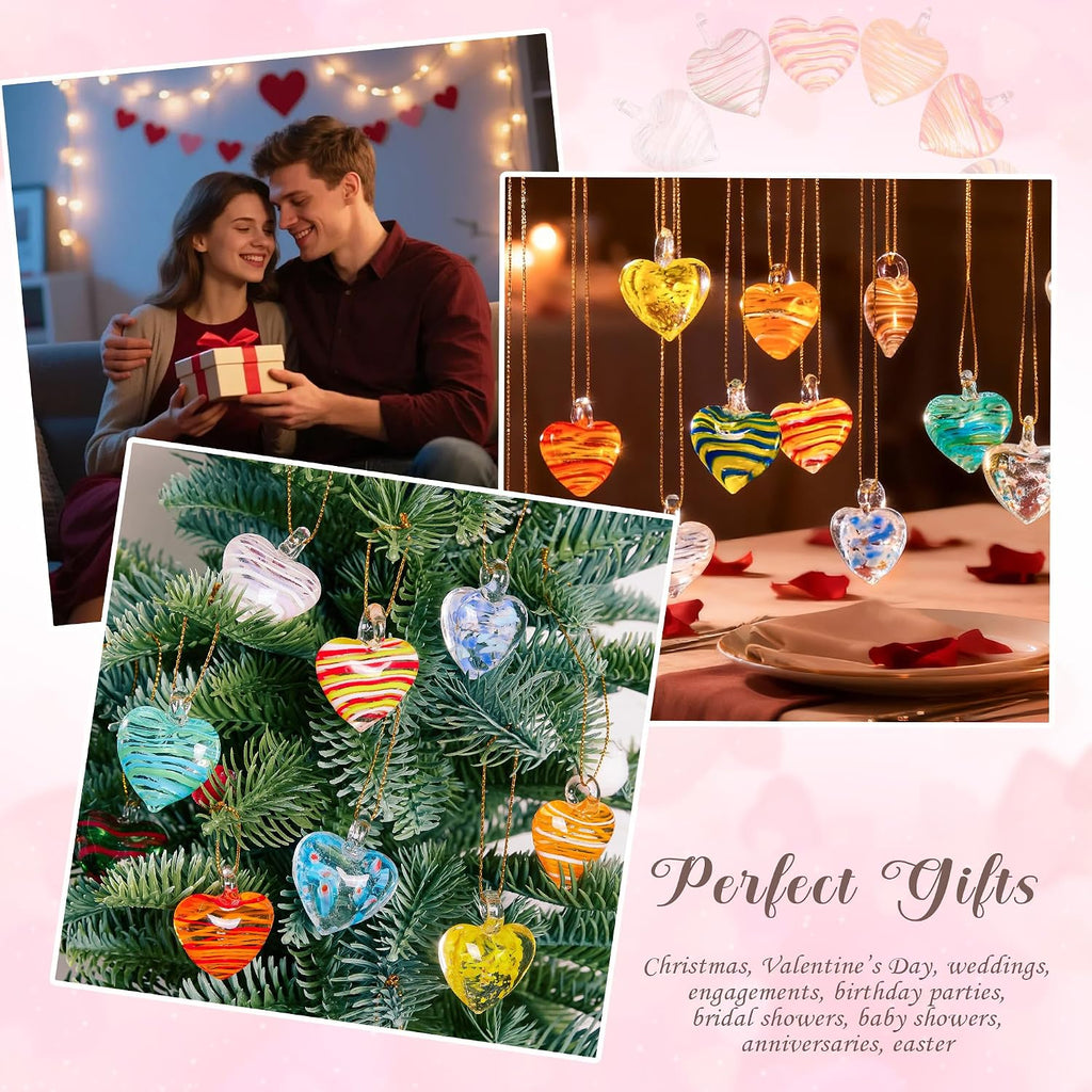 Blown Glass Heart Ornaments 1.4'' Multi-Colored Heart Baubles Hanging - Set of 12