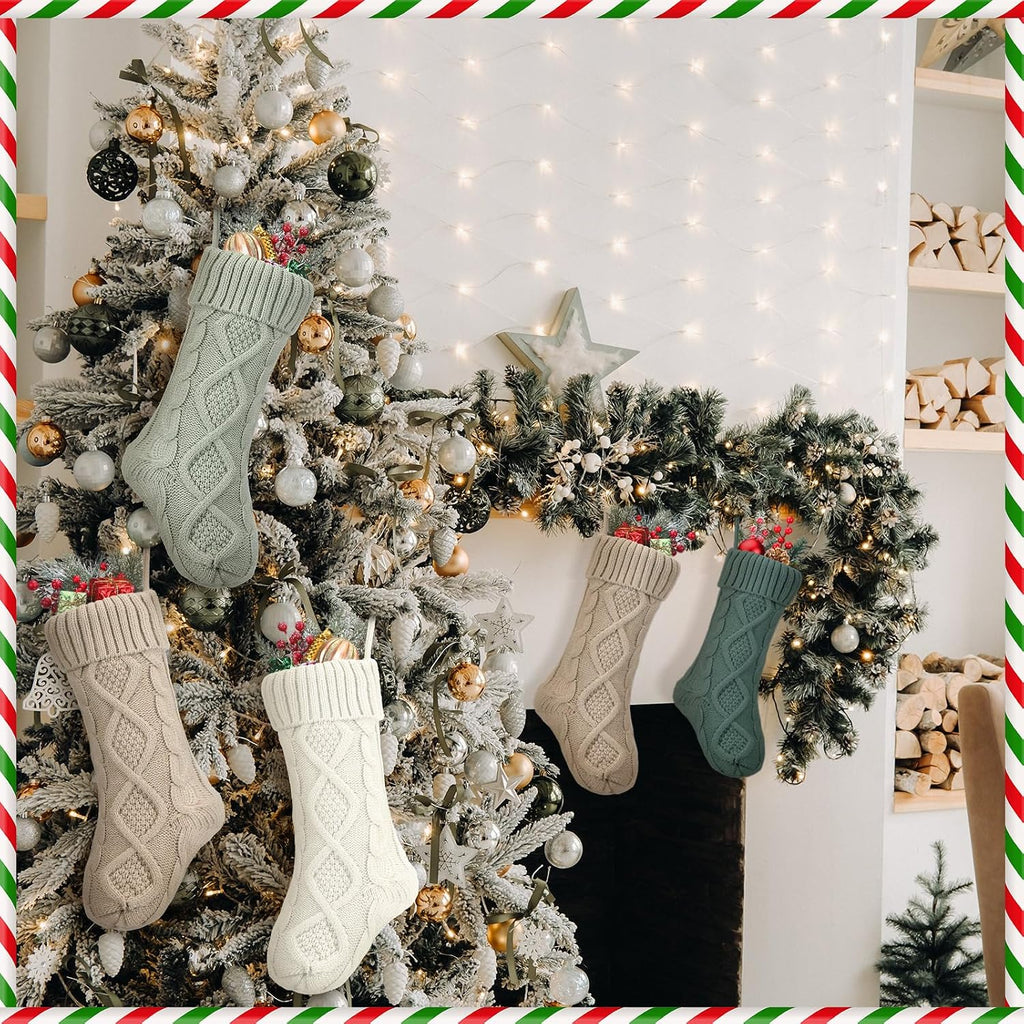 Sage Green Christmas Stockings, 18" Large Knitted Stockings - Set of 4