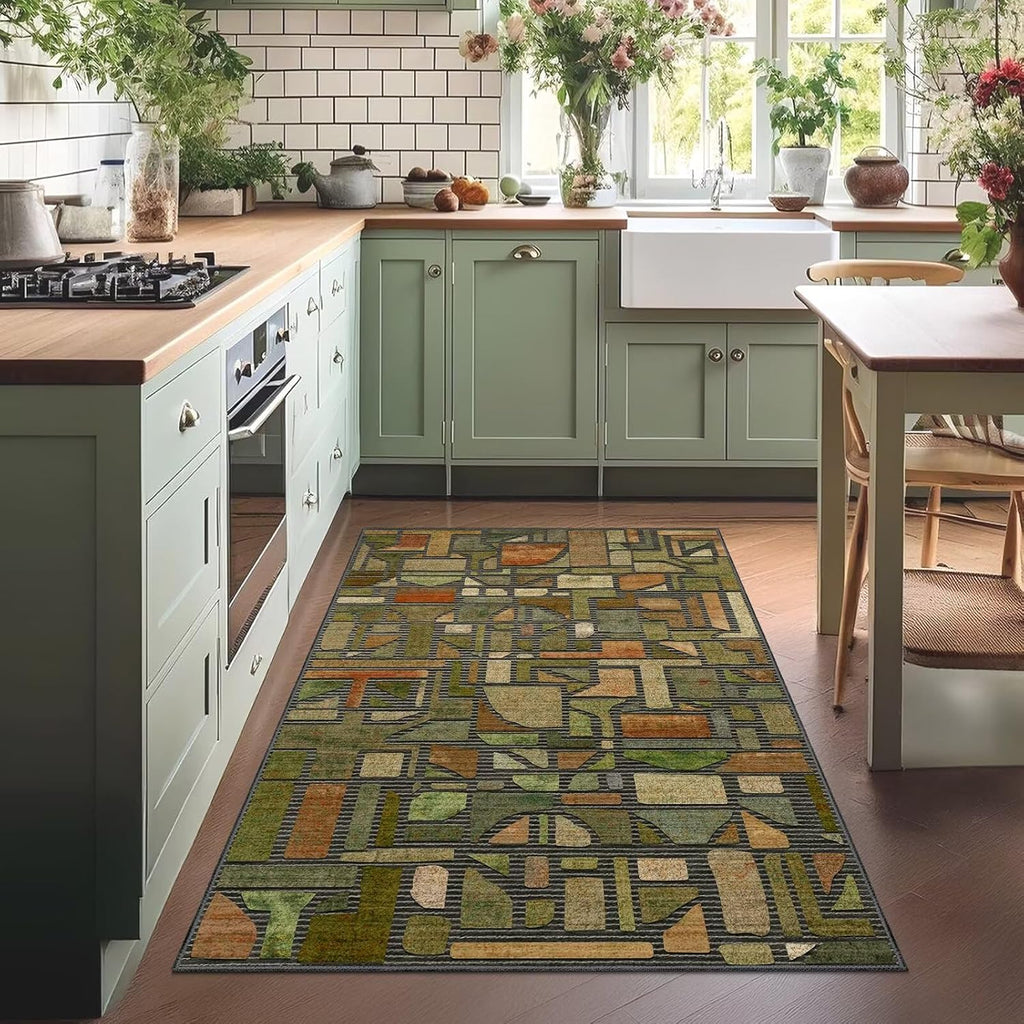 Area Rug, Vintage Checkered Abstract Rugs, Washable Modern Non Slip Soft Low Pile Indoor Floor Carpet Office