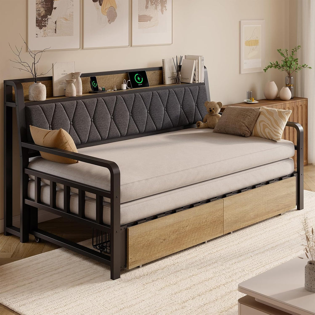 Twin Daybed with Pop up Trundle, Twin to King Daybed, Black | Metal Twin Day Bed Frame with Storage Drawers