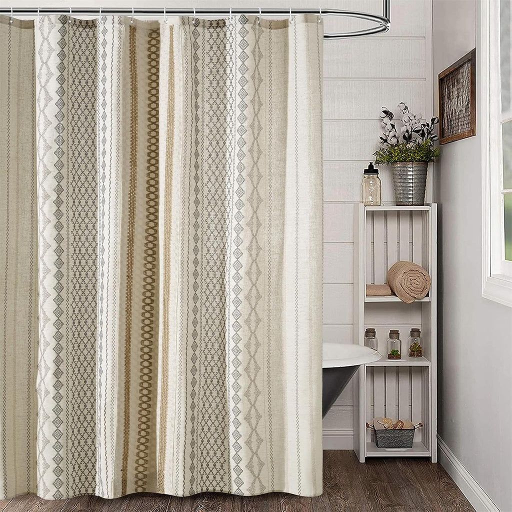 Modern Farmhouse Shower Curtain, Water Resistant Privacy Natural Linen Textured Fabric, Boho Vintage Tribal Geometry