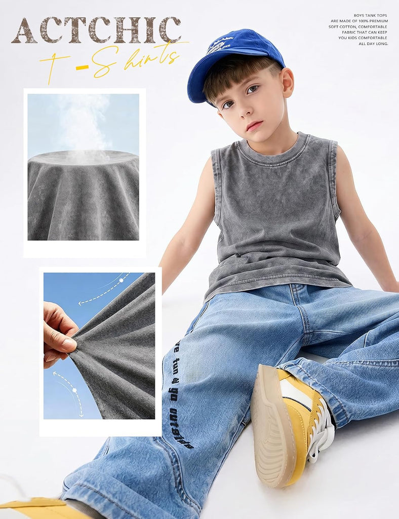 Boys Tank Tops Sleeveless Undershirt T-Shirts Vintage Acid Wash Cotton Athletic Tees