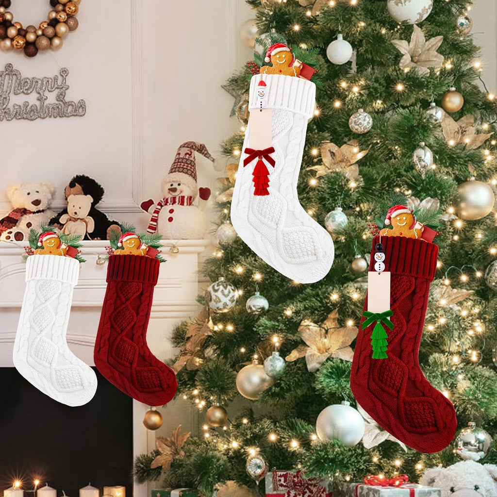 Christmas Stockings 18 Inch Cable Knit Stockings with Personalized Snowman Name Tags, Red and White Large Xmas - Set of 6