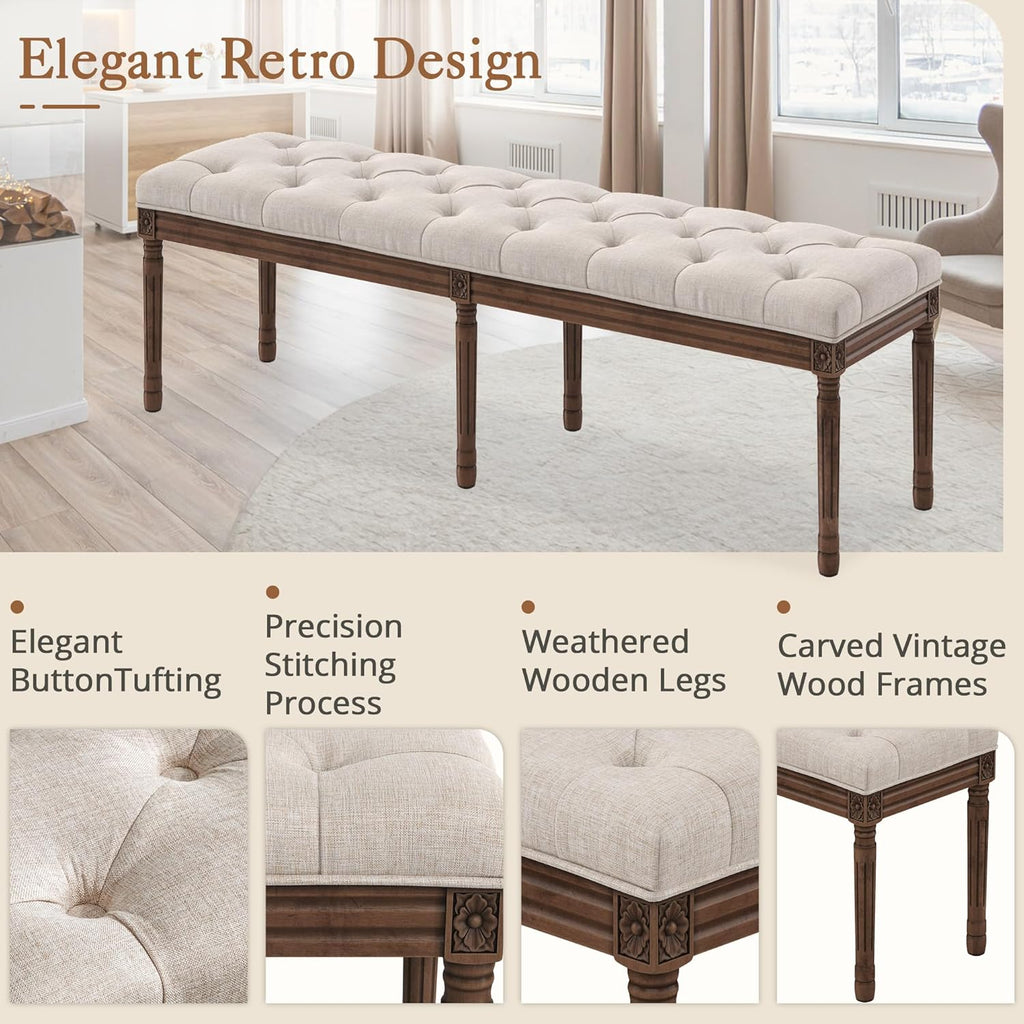 60" Fabric End of Bed Bench, Upholstered Tufted French Bedroom Bench with Carved Dark Brown Legs End of King Size