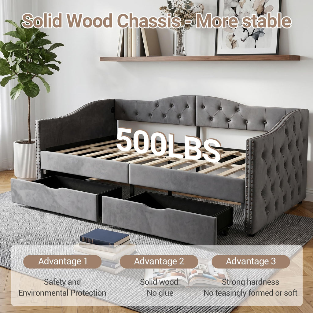 Daybed with Storage Drawers, Full Size Velvet Upholstered Sofa Bedframe w/USB Port, Button Tufted Backrest and