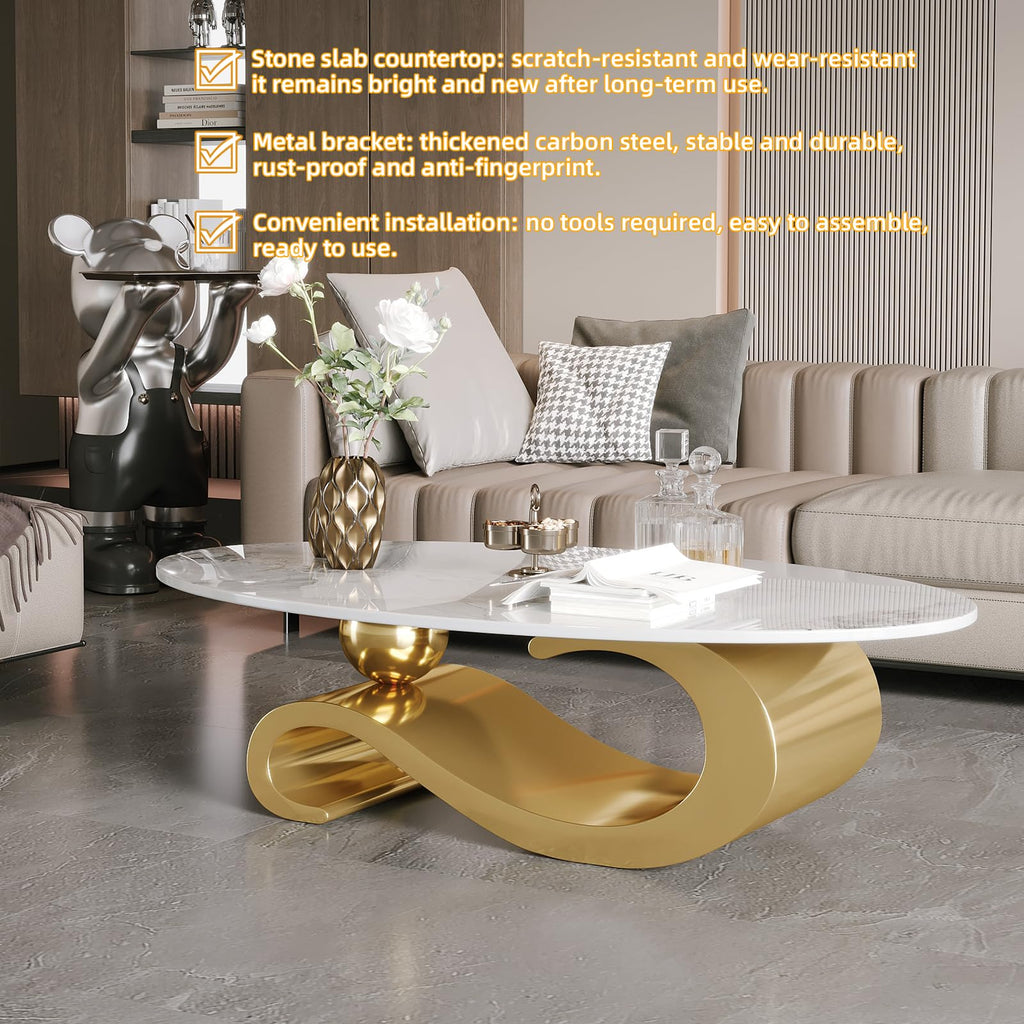 52" Oval Marble Coffee Table, Modern Luxury Center Table with Gold Stainless Steel Base, Scratch-Resistant Modern