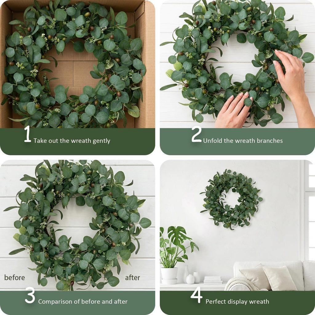 24 Inch Eucalyptus Wreath for Front Door, Large Artificial Greenery Wreaths with Olive Leaves and Berries, Farmhouse