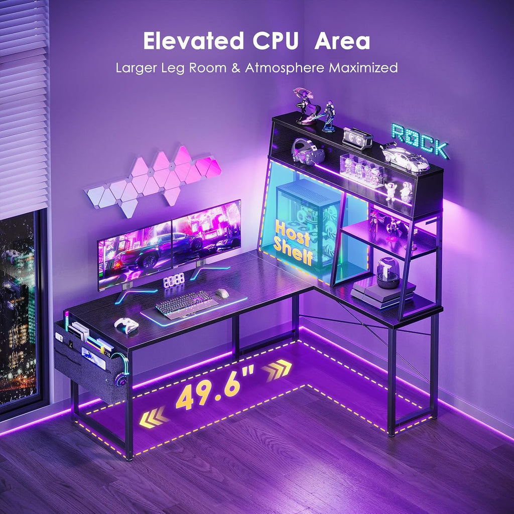 51 Inch L Shaped Gaming Desk with Display Shelves, LED Lights, Black | PC Tower Display Shelf, Display Hutch, Hanging
