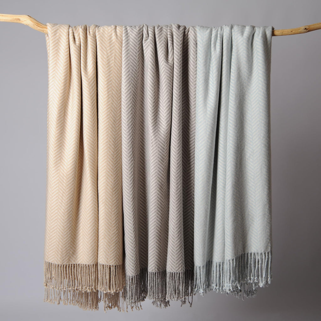 Silk Throw Blanket with Hand-Knotted Fringe, Natural, Soft & Breathable (Herringbone Gray)