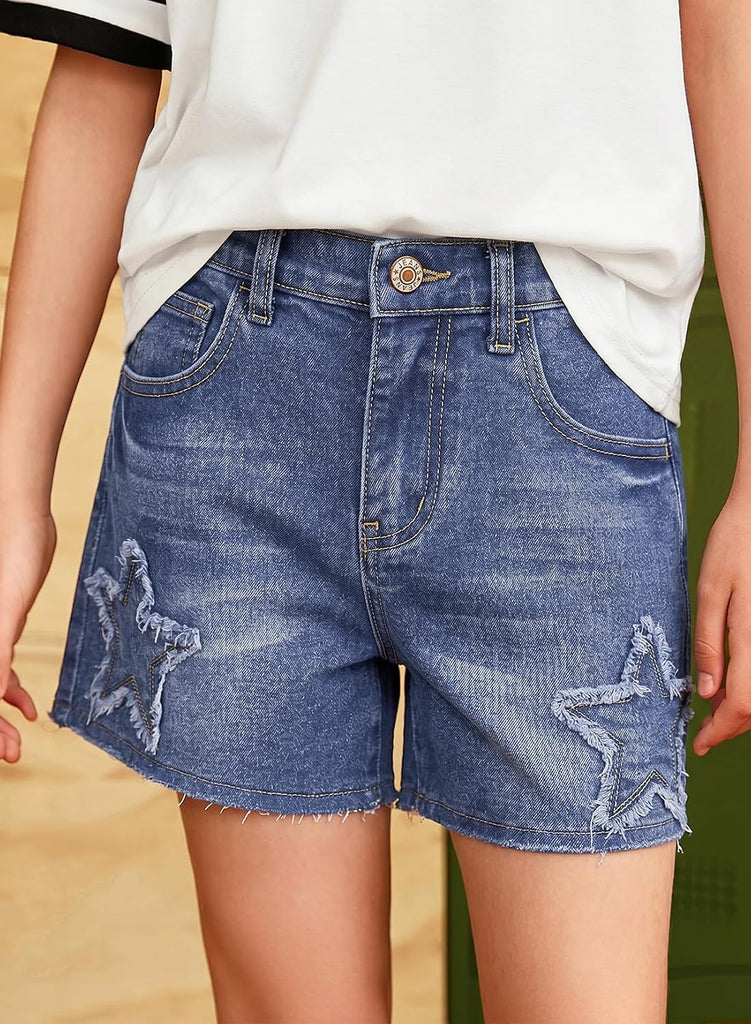Girls Elastic High Waisted Denim Shorts Star Patched