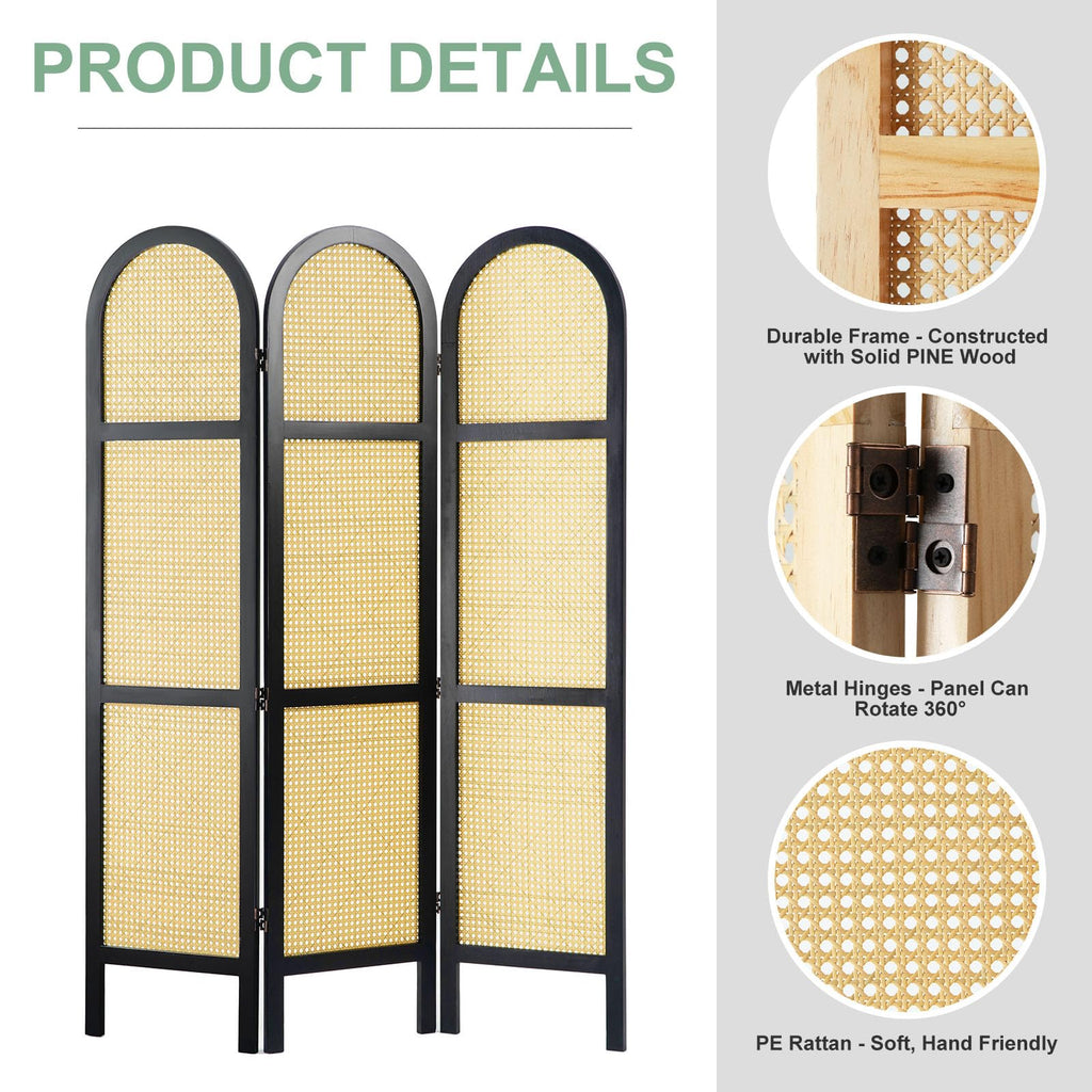 Room Divider and Folding Privacy Screens, Pine Wood 5.6 Ft Double Hinged Rattan Partition Freestanding Wall Room