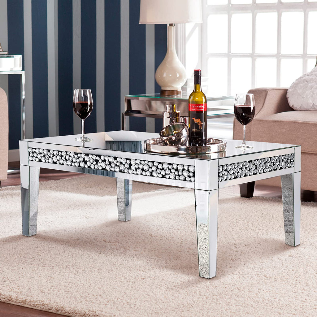 Rectangle Mirrored Coffee Table, Silver Living Room Table with Cryatal Diamond Inlay, Modern Luxury Mirrored