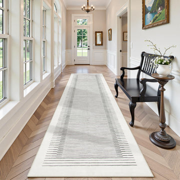 Modern White 2.5x8 Hallway Runner Rug, Berber Striped Kitchen Rugs Non Slip Washable Runner Rug, Soft Low Pile Indoor