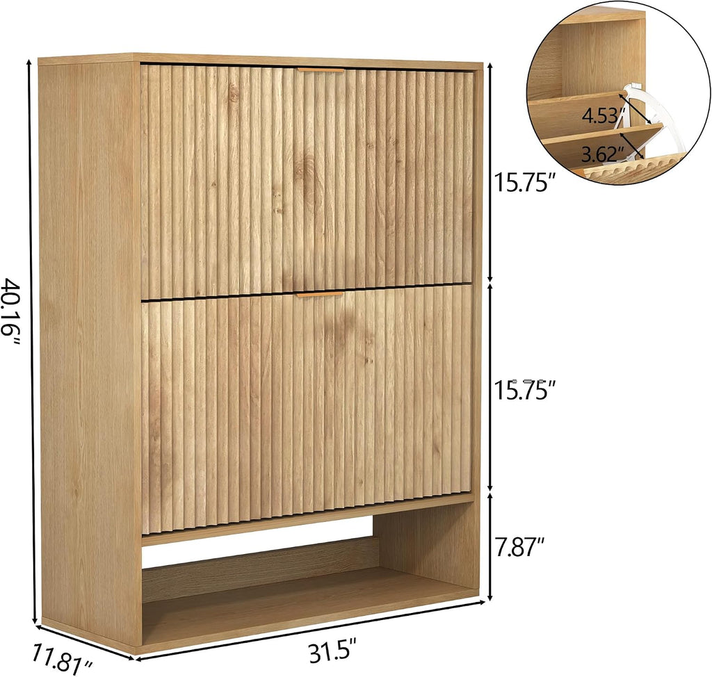 Shoe Cabinet , Narrow Freestanding Shoe Cabinet Storage with 2 Flip Drawers, Open Bottom Shelf & Side Hooks, Slim