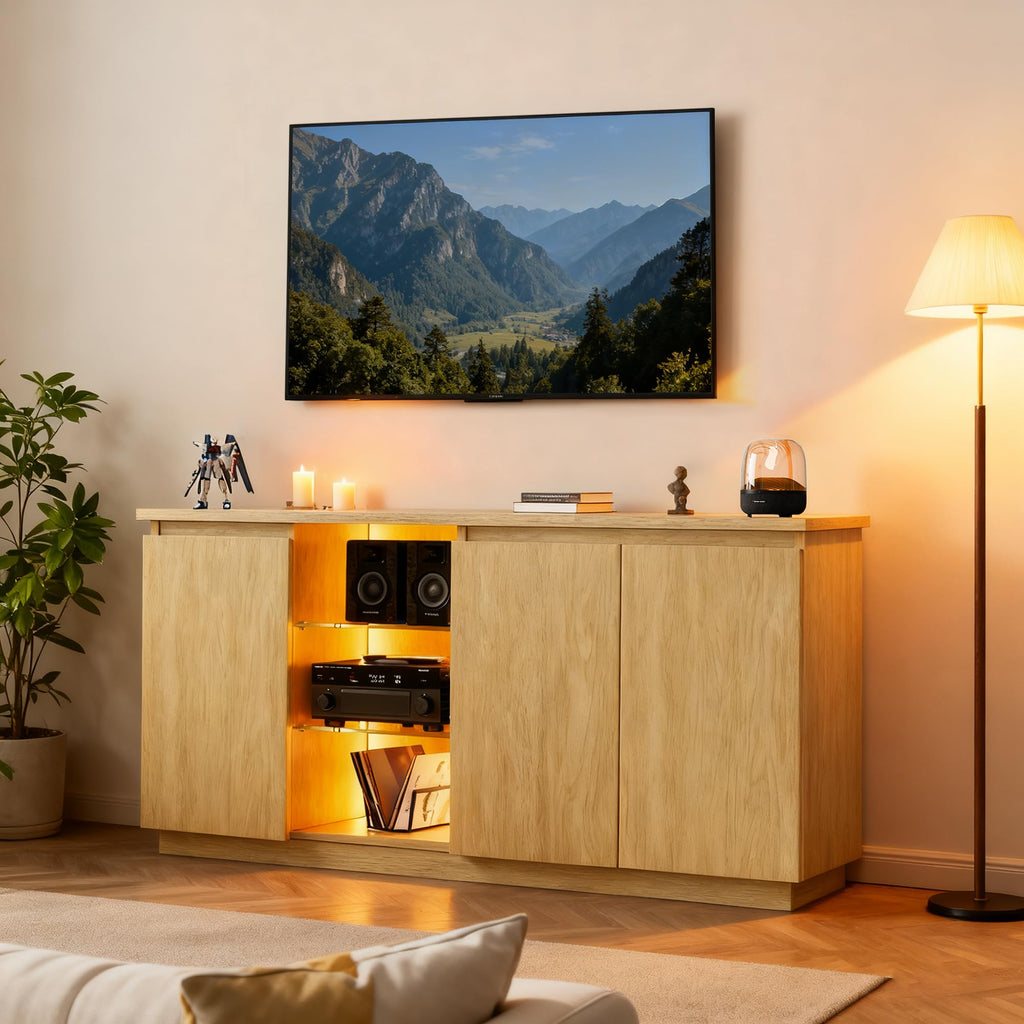 Sideboard Buffet Cabinet with Storage & LED Lights, Credenza Sideboard with Doors and Adjustable Shelves, 60" Coffee