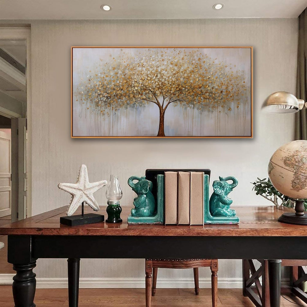 Wall Art Abstract Gold Tree of Life Framed Modern Artwork Canvas Painting Textured Tree Pictures Wall Decor Bedroom