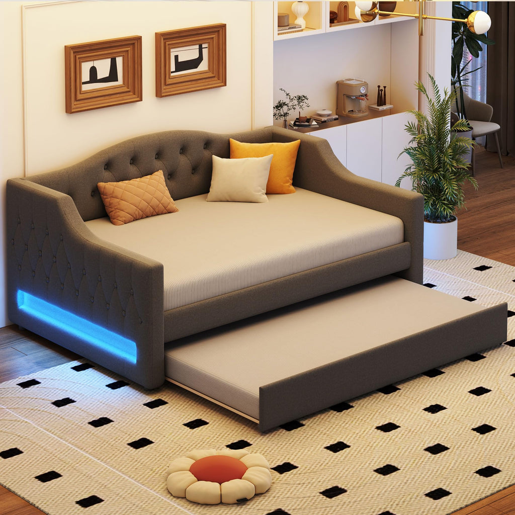 Full XL Upholstered Daybed with LED Lights, Corner Daybed Frame with Trundle, Linen, Gray