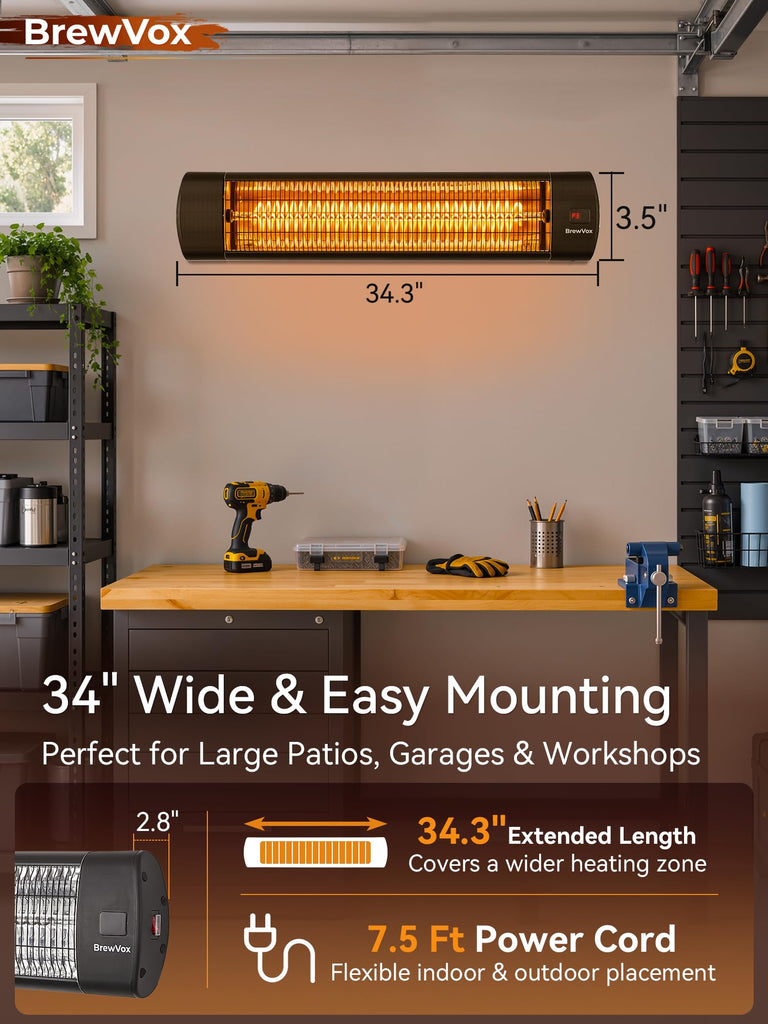 Patio Heater, 34" Carbon Infrared Electric Outdoor Heaters, Remote Control, 24H Timer, Wall & Ceiling Mount