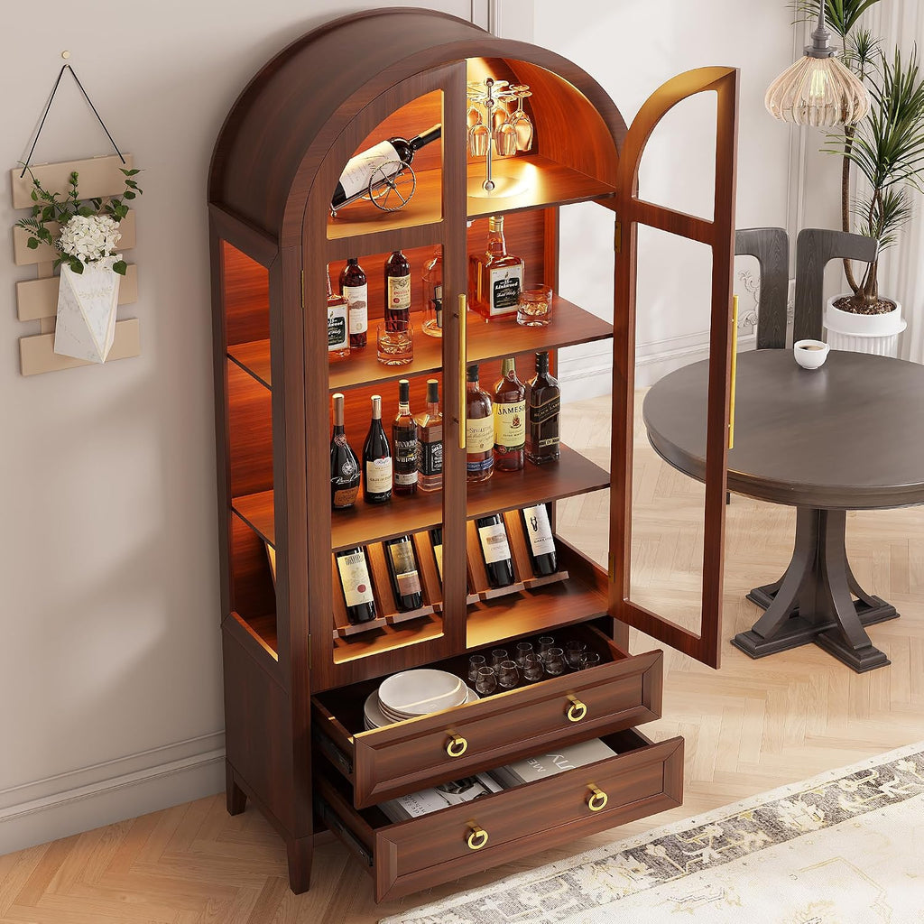 71" Arched Display Cabinets with LED Lights and Glass Doors,Brown | Curio Cabinet and 2 Drawers, Human Sensor Lights