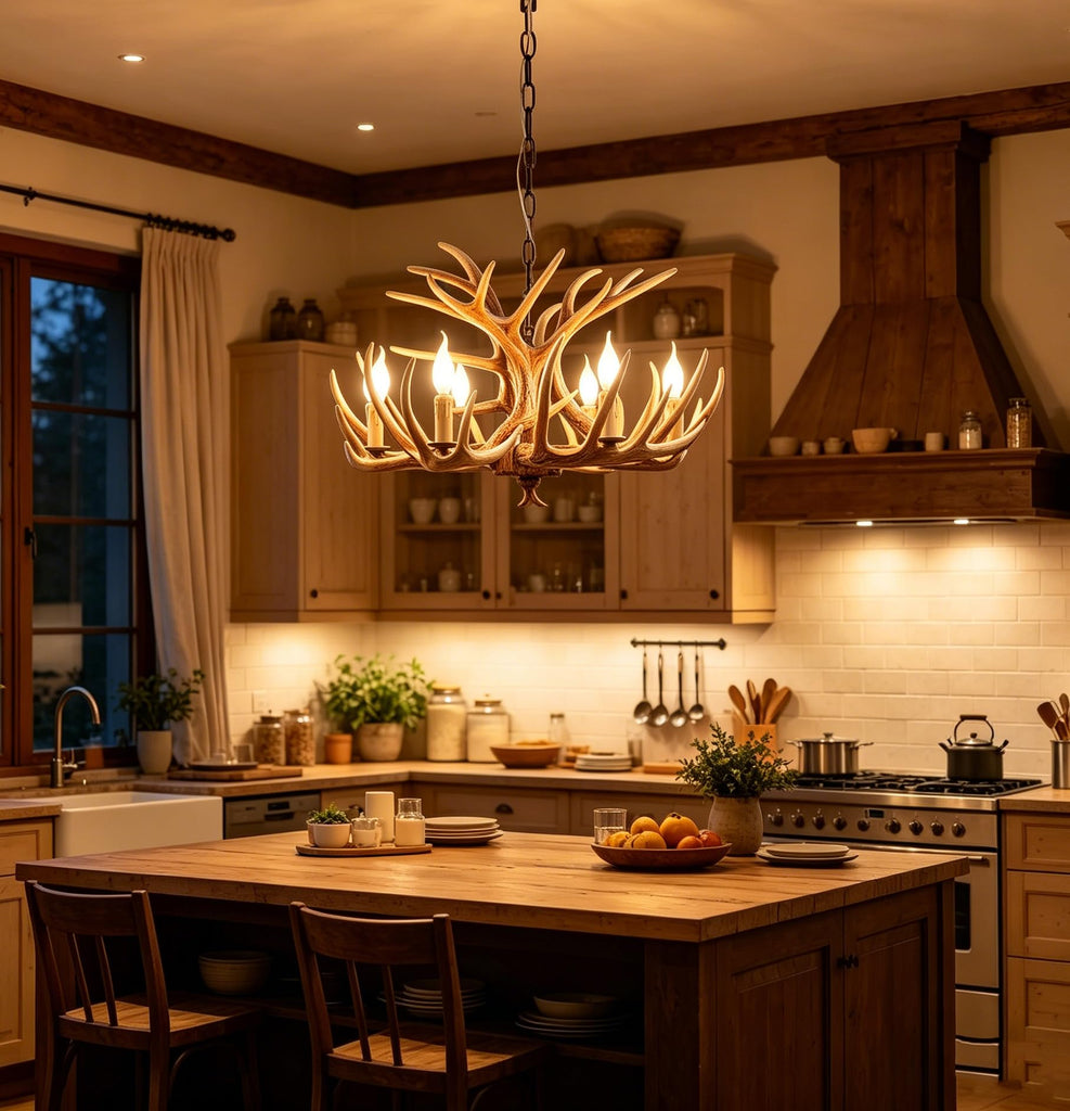 Antler Chandelier 6 Light, Rustic Style Antler Light Fixtures, E12 Base Deer Antler Chandelier Lighting Store Bar (6