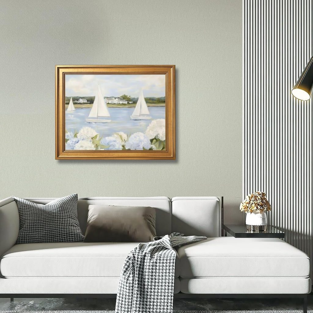 Grandmillennial Preppy Coastal Wall Art Nautical Sailboat Blue White Floral Canvas Print Vintage Seaside Beachy
