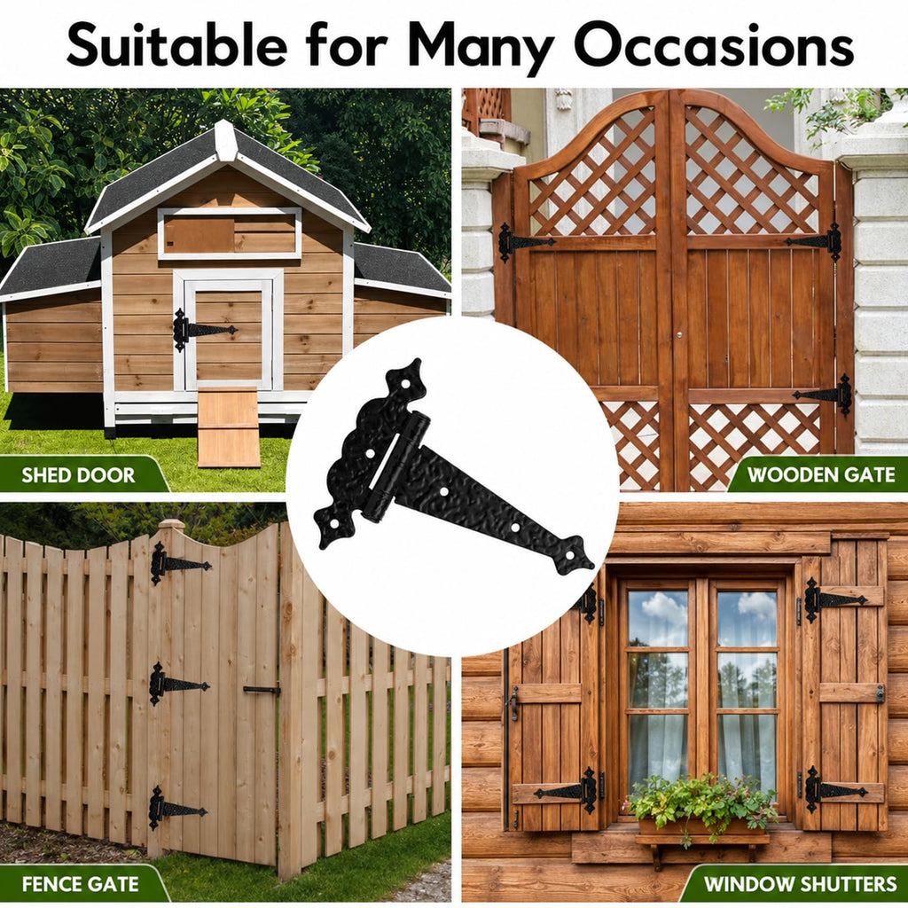 6 Inch Decorative Hammered Tee Hinge, 2 Pack Black Heavy Duty T-Strap Hinges for Garden Gates, Shed Doors, Barns &