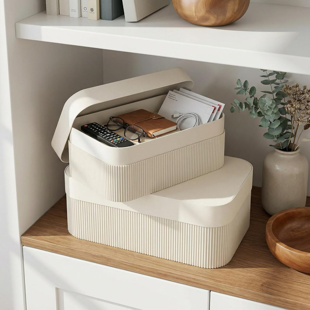 Decorative Storage Boxes with Lids Fluted Photo Organizer Bins - Set of 2
