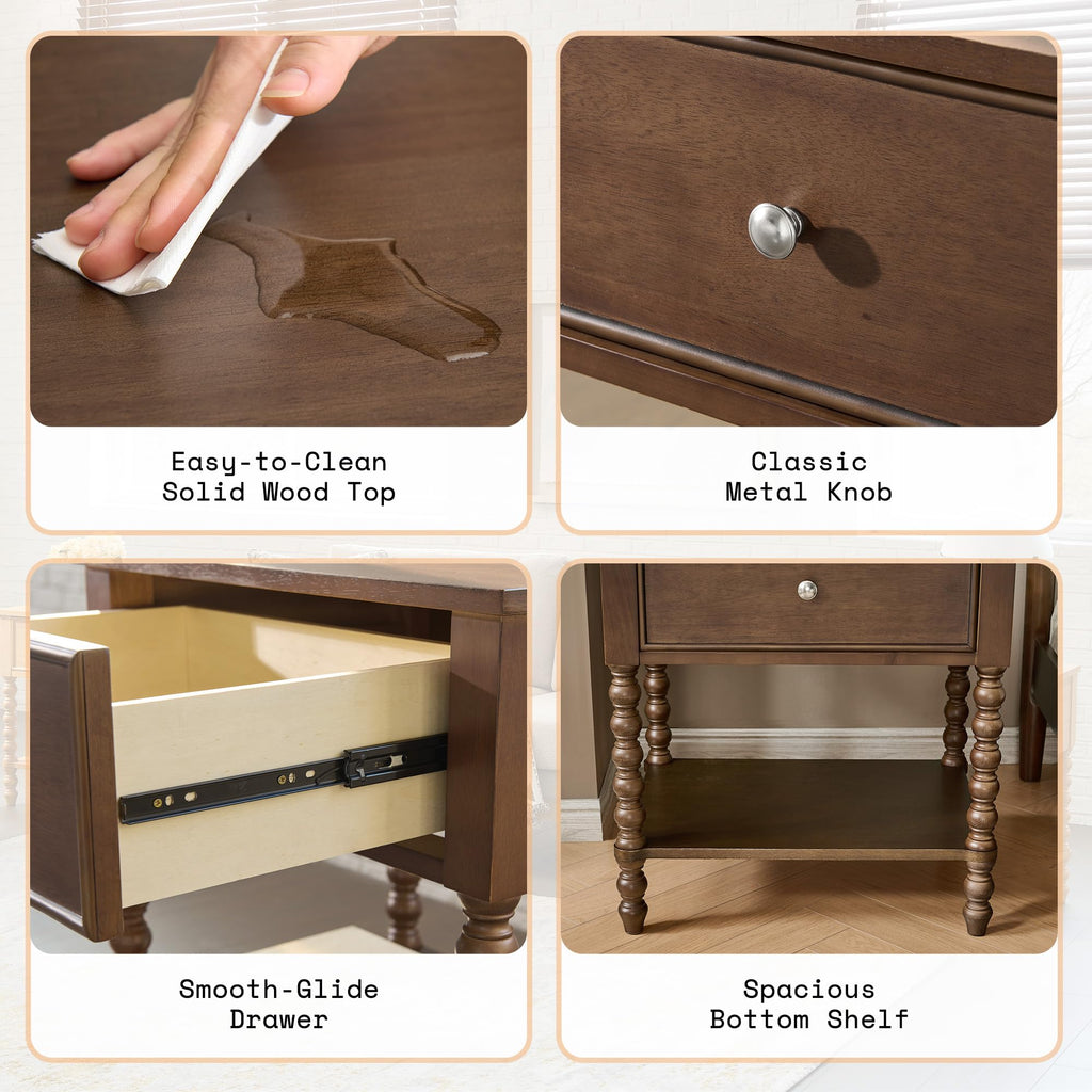Walnut Nightstand Set of 2, Solid Wood Bedside Table, Dark 24"
