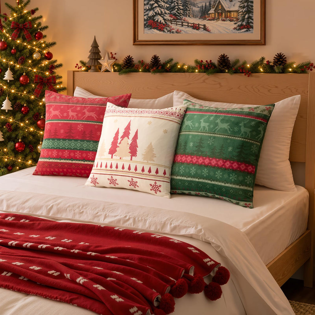 Christmas Pillow Covers, Snowflake Pine Tree Reindeer Throw Pillow Covers, Nordic Farmhouse Winter Holiday Decorative