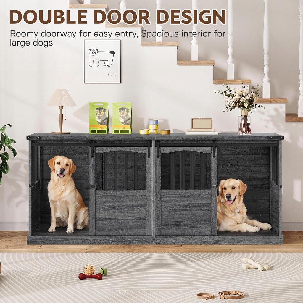 Double Dog Crate Furniture with Barn Sliding Doors Grey