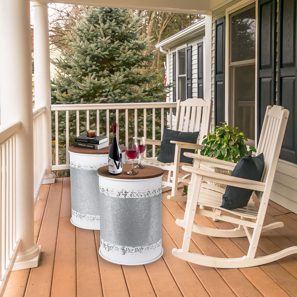 Farmhouse Accent Side Table, Set of 2 Galvanized Storage Ottoman