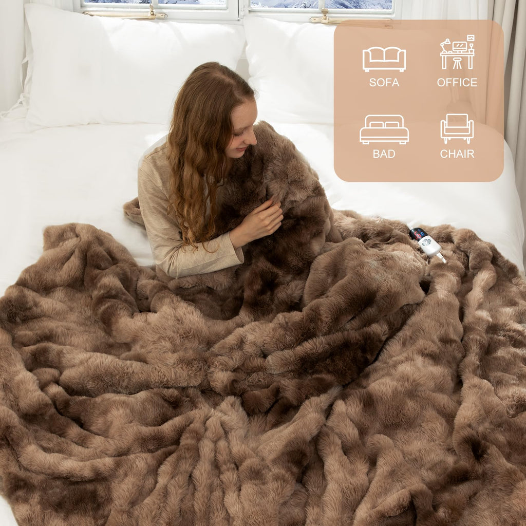 Faux Fur Electric Blanket for Women Gift, Tie-Dye Brown