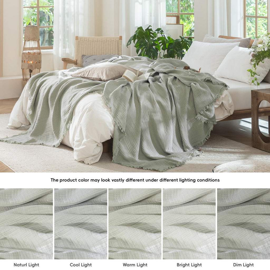 100% Cotton Muslin Blanket, Fringed 4-Layer Gauze Bed Couch Throw