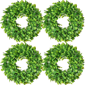 Artificial Small Boxwood Wreath Decoration - 11" Mini-Sized Green Candle Wreath for Wall Window Home Decoration - Set of 4