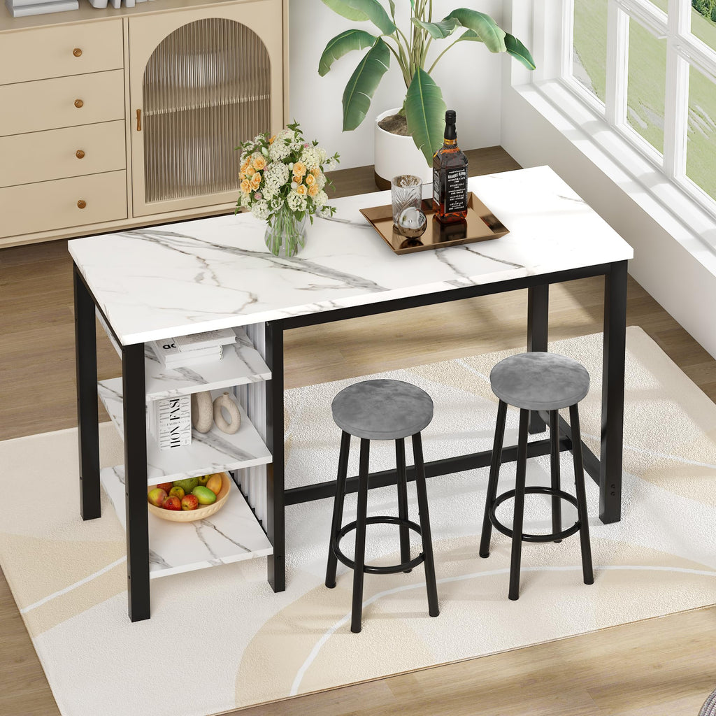 Bar Table Set with Storage Shelves, 47" Modern White Faux Marble Breakfast Table with 2 Velvet Stools, 3-Piece Dining
