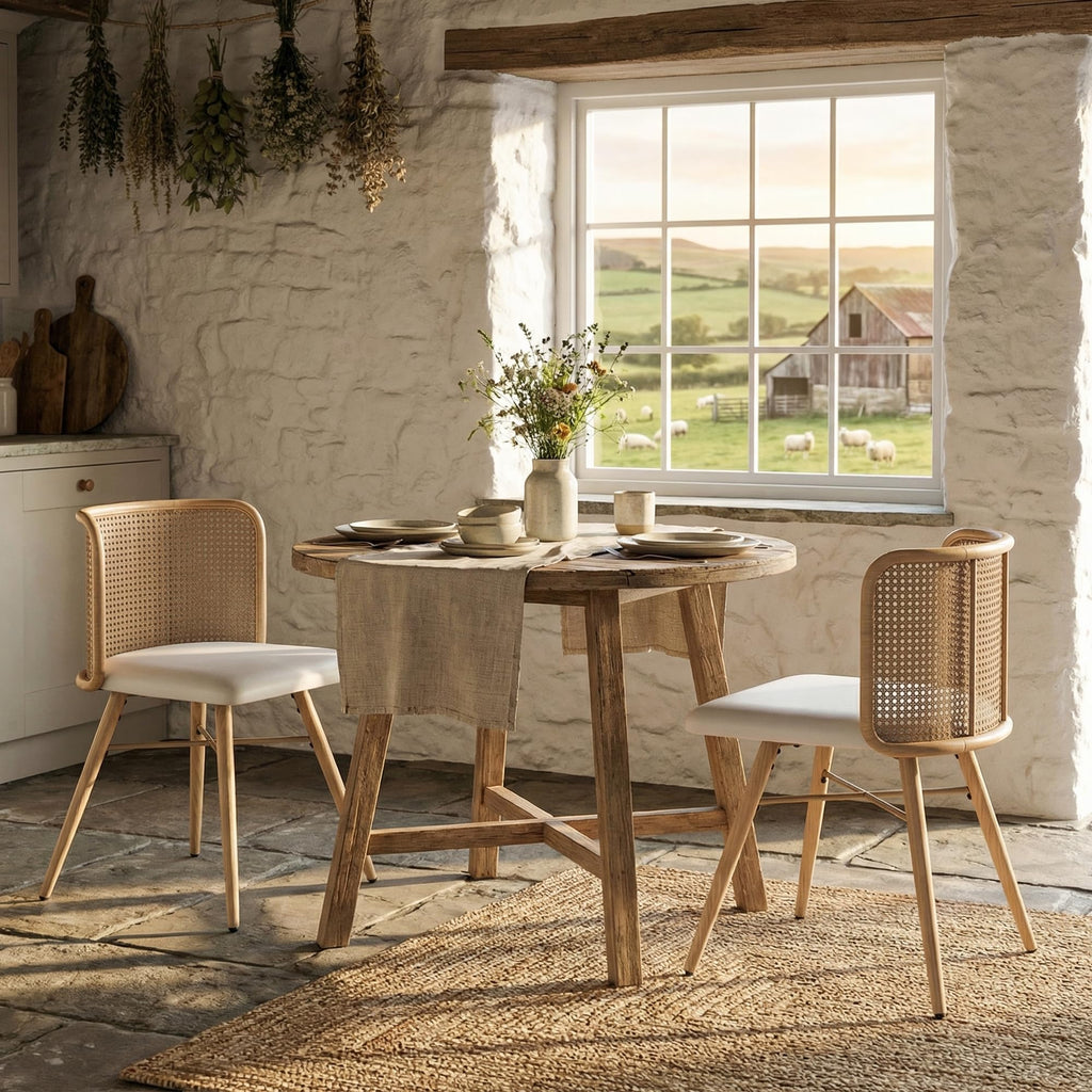 Farmhouse Rattan Dining Chairs Set of 2 (Cream White)