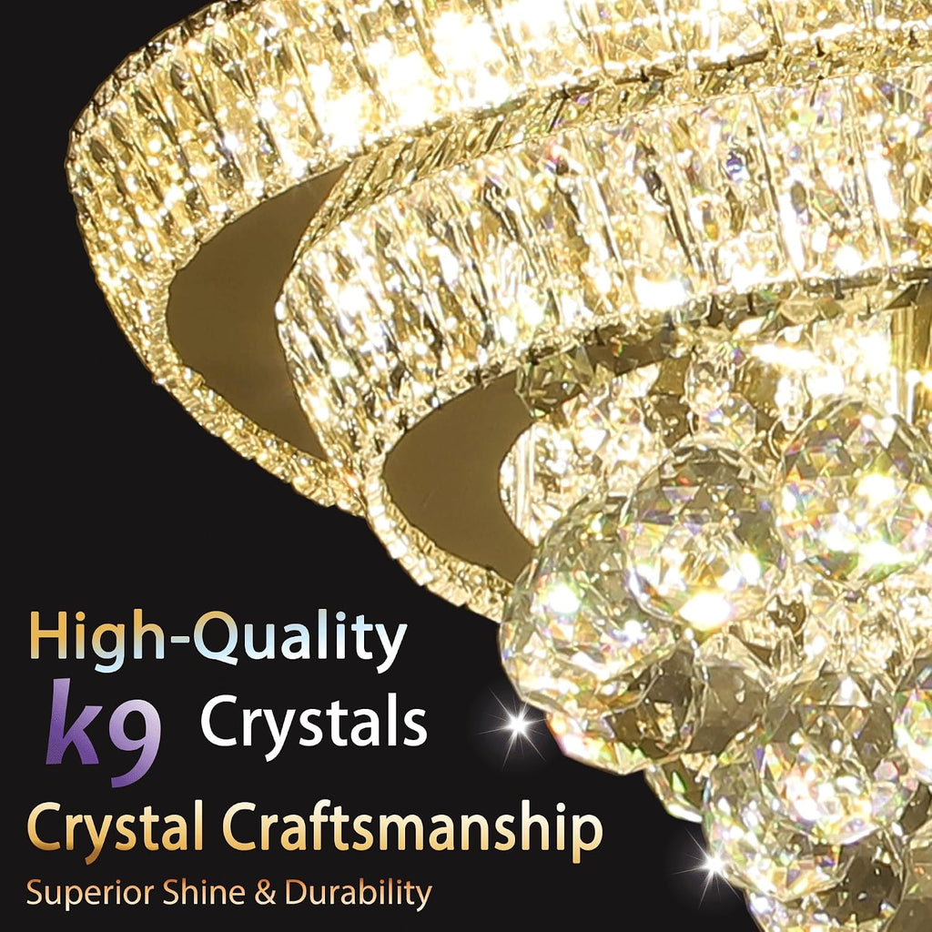24 inch Crystal Chandeliers With Remote and APP Control, Modern Luxury Flush Mount Gold Chandelier, 3CCT Dimmable