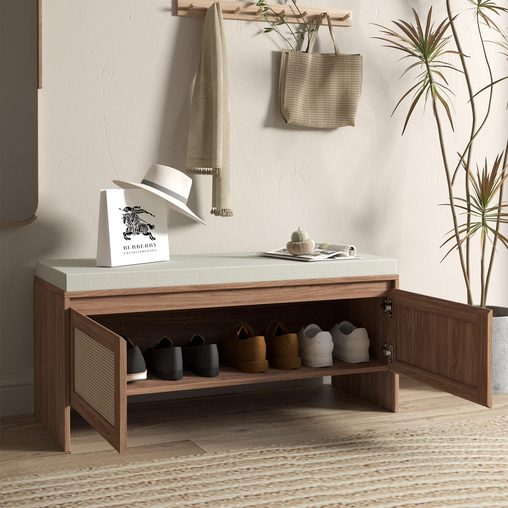 39.4" Shoe Storage Bench with Rattan Doors & Cushion, Natural