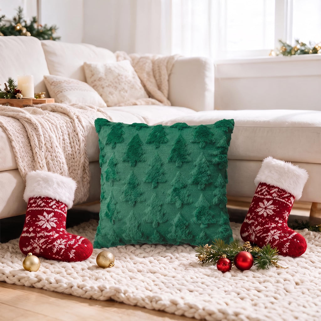 Christmas Tree Red Green Throw Pillow Covers Set of 4, 18 x 18 Inch Soft Plush Faux Fur Jacquard Festivals Winter