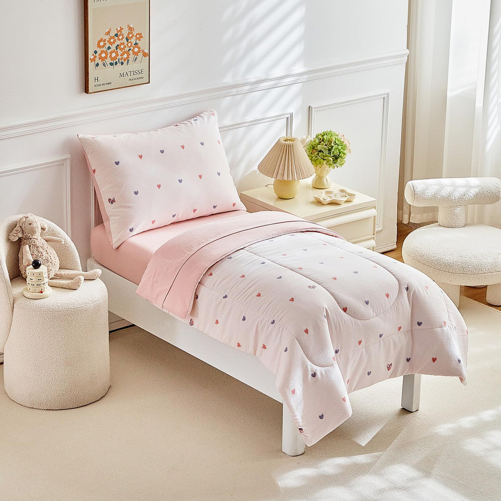 4 Pieces Toddler Bedding Set,Pink Heart Toddler Comforter Sets for Girls,Soft Crib Bed Sheets Set Includes Quilted